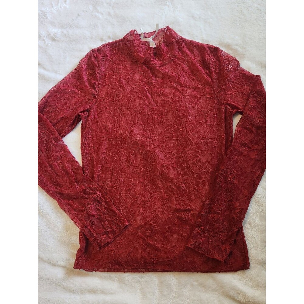 By Anthropologie Red Lace Layering Mock Neck Top Size M